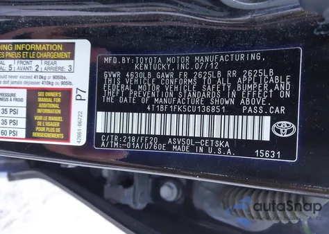 2012 Toyota Camry Se из США, поврежденный, VIN 4T1BF1FK5CU136851